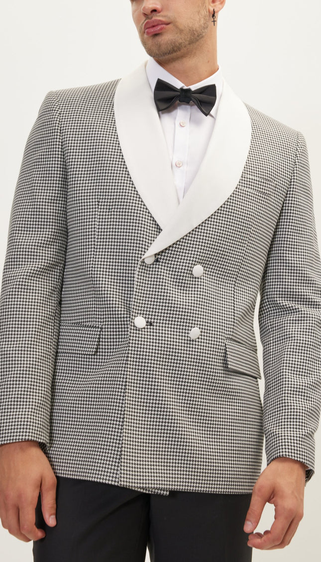 Houndstooth Double Breasted Dinner Jacket - Off White Black - Ron Tomson