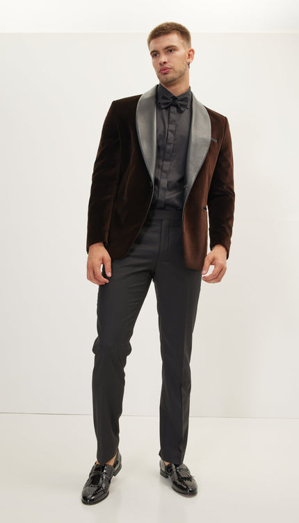 Italian Velvet Leather Shawl Lapel Tuxedo Jacket - Brown - Ron Tomson