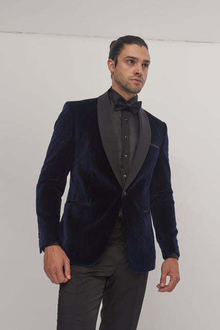 Italian Velvet Shawl Lapel Tuxedo Jacket - Navy - Ron Tomson