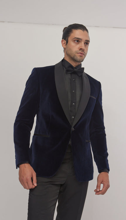 Italian Velvet Shawl Lapel Tuxedo Jacket - Navy - Ron Tomson