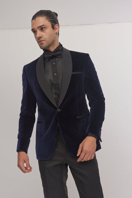 Italian Velvet Shawl Lapel Tuxedo Jacket - Navy - Ron Tomson