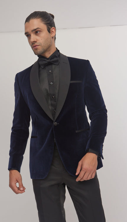 Italian Velvet Shawl Lapel Tuxedo Jacket - Navy - Ron Tomson