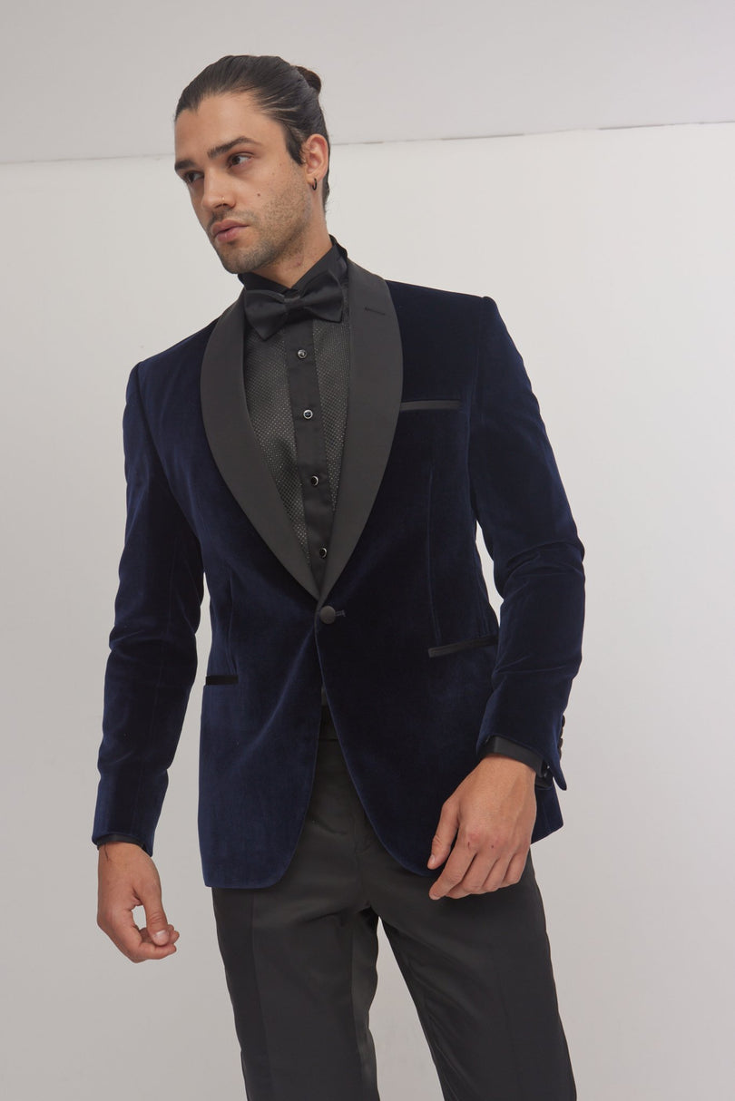 Italian Velvet Shawl Lapel Tuxedo Jacket - Navy - Ron Tomson