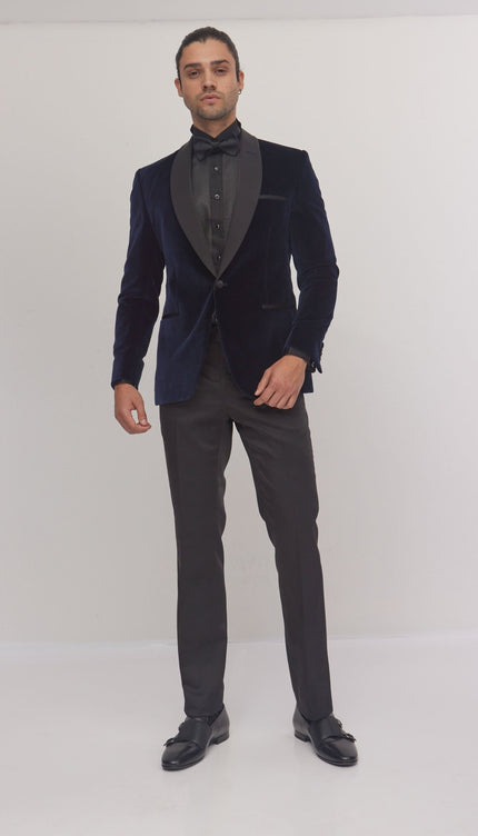 Italian Velvet Shawl Lapel Tuxedo Jacket - Navy - Ron Tomson