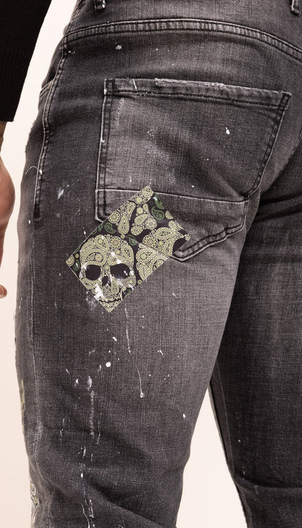 Ja Skull Drip Denim Jeans- Black - Ron Tomson