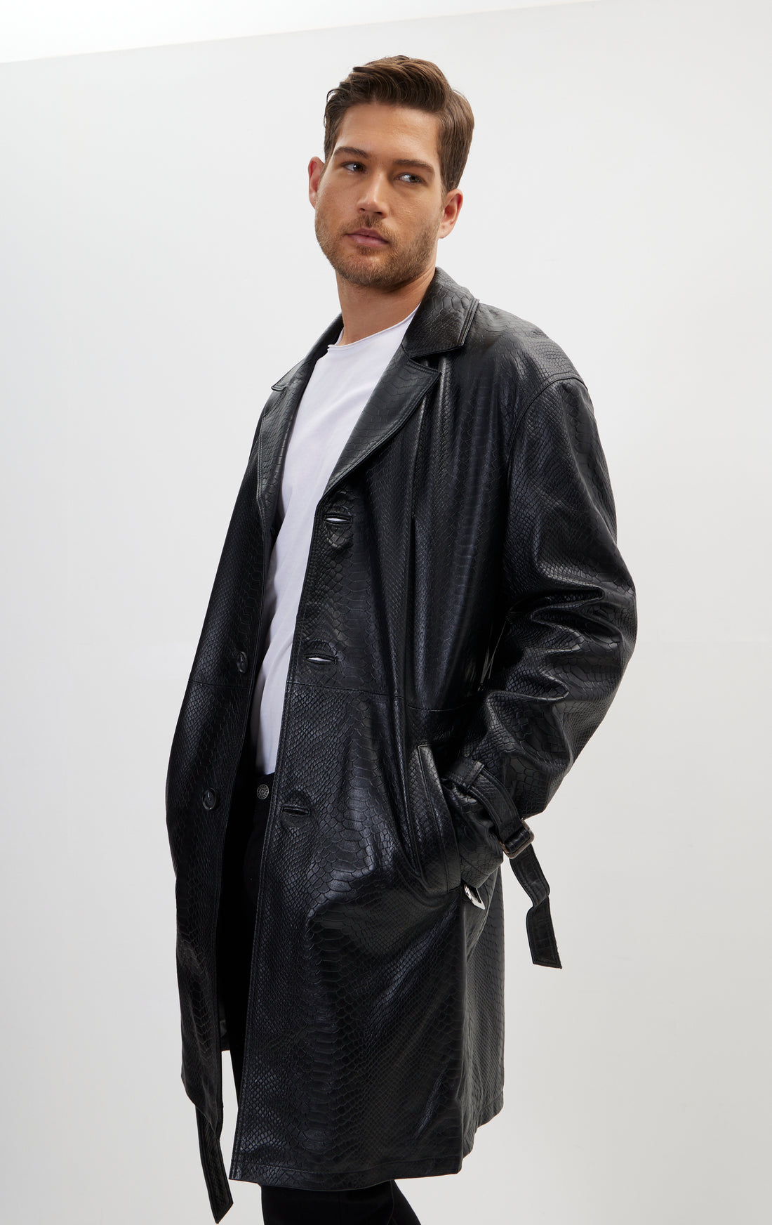 Enforcer'S Belted Leather Trench - Black Embossed