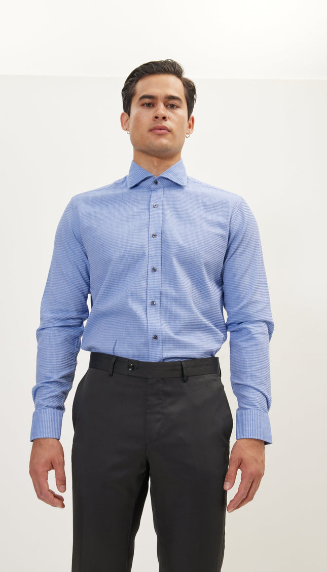 Jacquard Cotton Tonal Button Dress Shirt - Blue - Ron Tomson