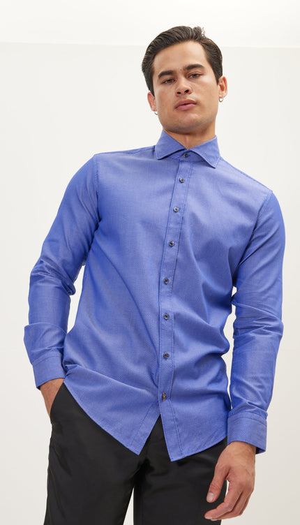 Jacquard Cotton Tonal Button Dress Shirt - Dark Blue - Ron Tomson