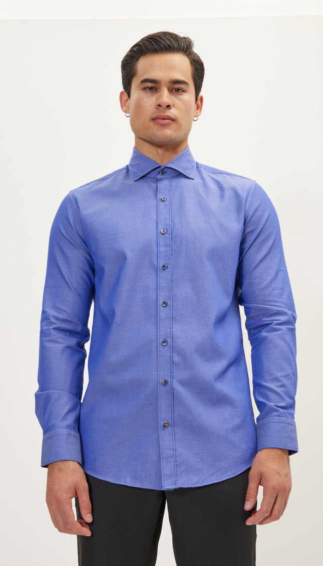 Jacquard Cotton Tonal Button Dress Shirt - Dark Blue - Ron Tomson