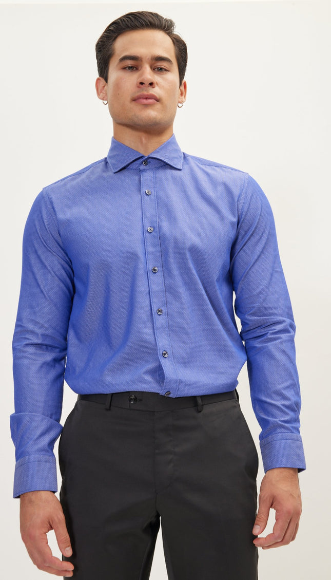 Jacquard Cotton Tonal Button Dress Shirt - Dark Blue - Ron Tomson