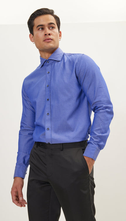 Jacquard Cotton Tonal Button Dress Shirt - Dark Blue - Ron Tomson
