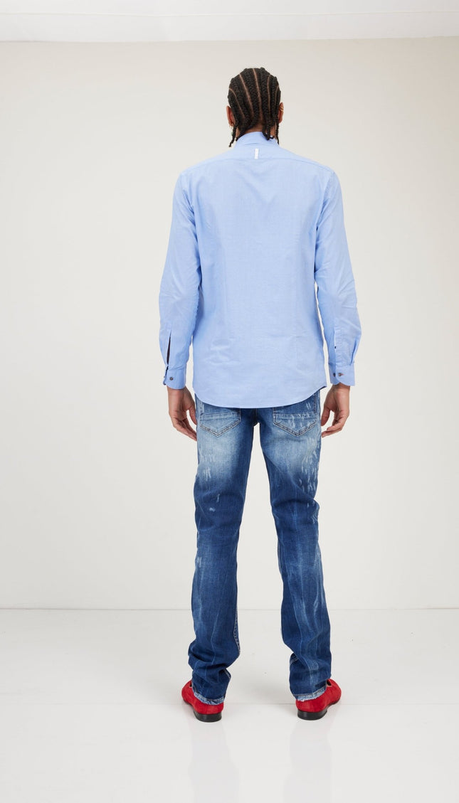 Jacquard Cotton Tonal Button Dress Shirt - Light Blue - Ron Tomson