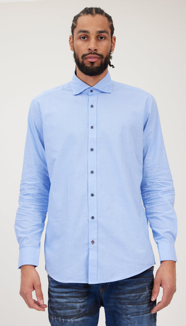 Jacquard Cotton Tonal Button Dress Shirt - Light Blue - Ron Tomson