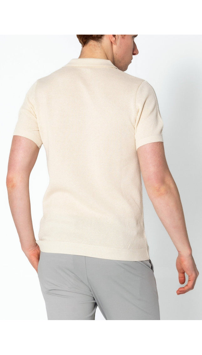 Jersey Knit V-neck Polo - Beige - Ron Tomson