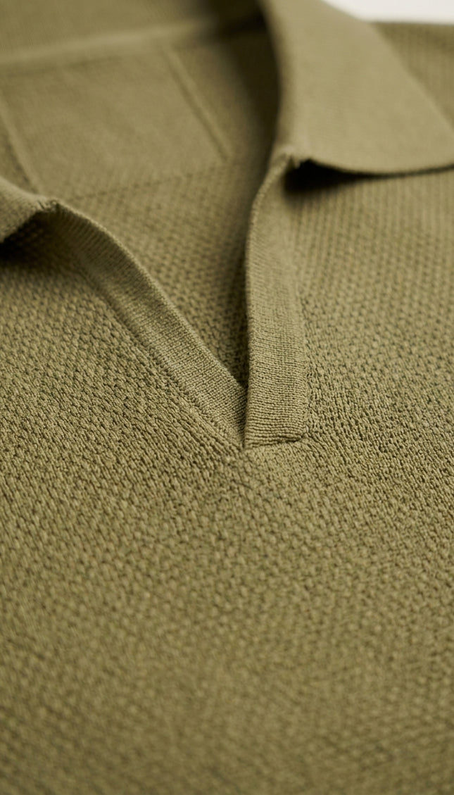 Jersey Knit V-neck Polo - Light Green - Detail