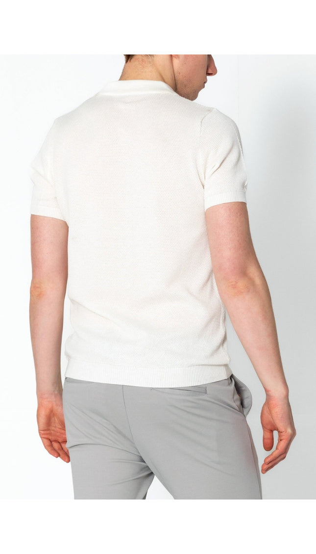 Jersey Knit V-neck Polo - Off White - Ron Tomson