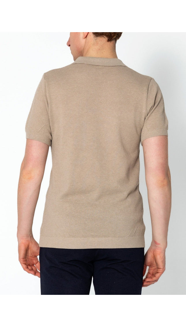 Jersey Knit V-neck Polo - Stone - Ron Tomson