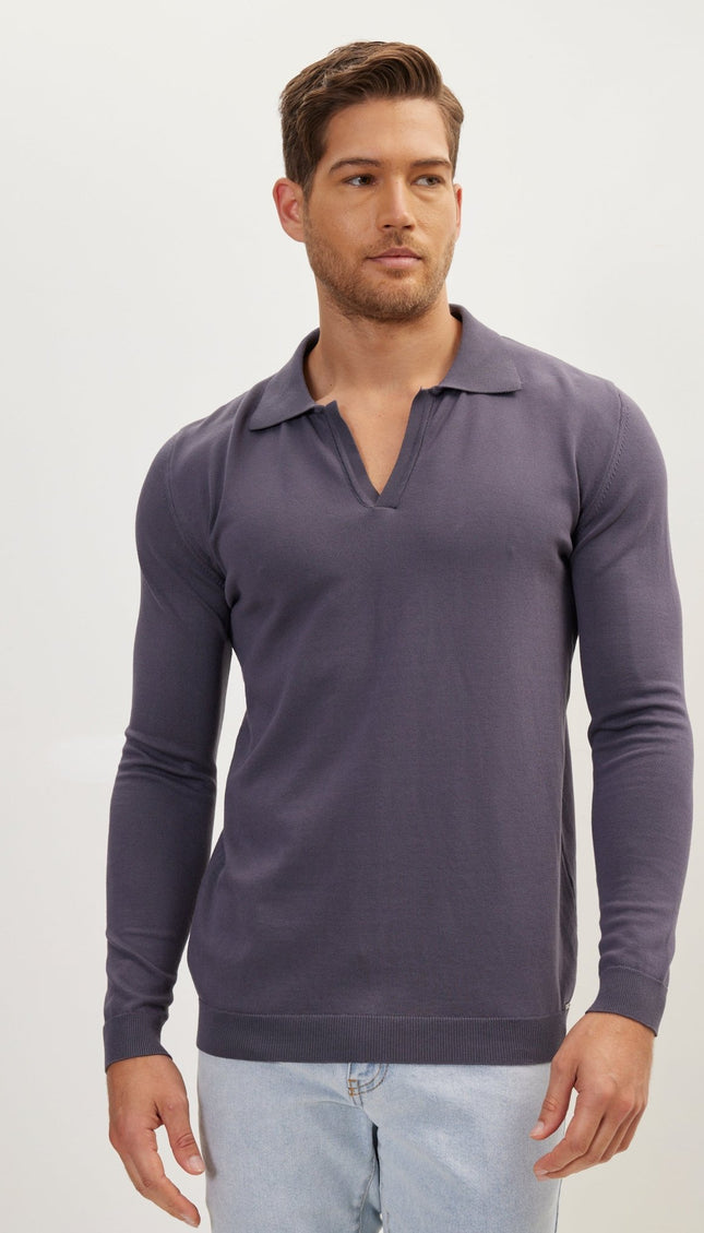 Johnny-Collar Sweater Polo - Anthracite - Ron Tomson