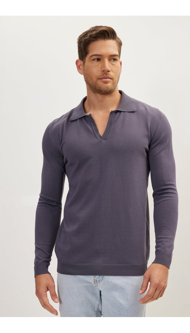 Johnny-Collar Sweater Polo - Anthracite - Ron Tomson