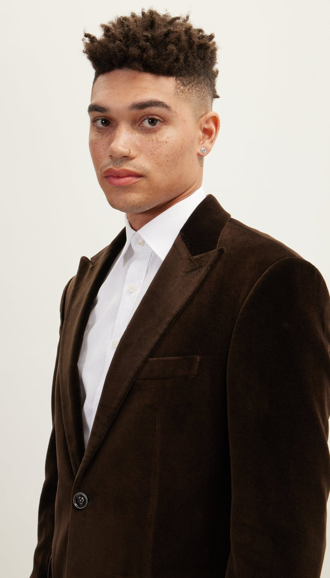 Kennedy Blazer Italian Velvet Peak Lapel - Brown - Ron Tomson