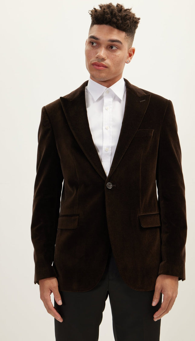 Kennedy Blazer Italian Velvet Peak Lapel - Brown - Ron Tomson
