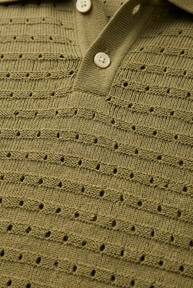 Knit Polo Shirt - Olive Green - Detail