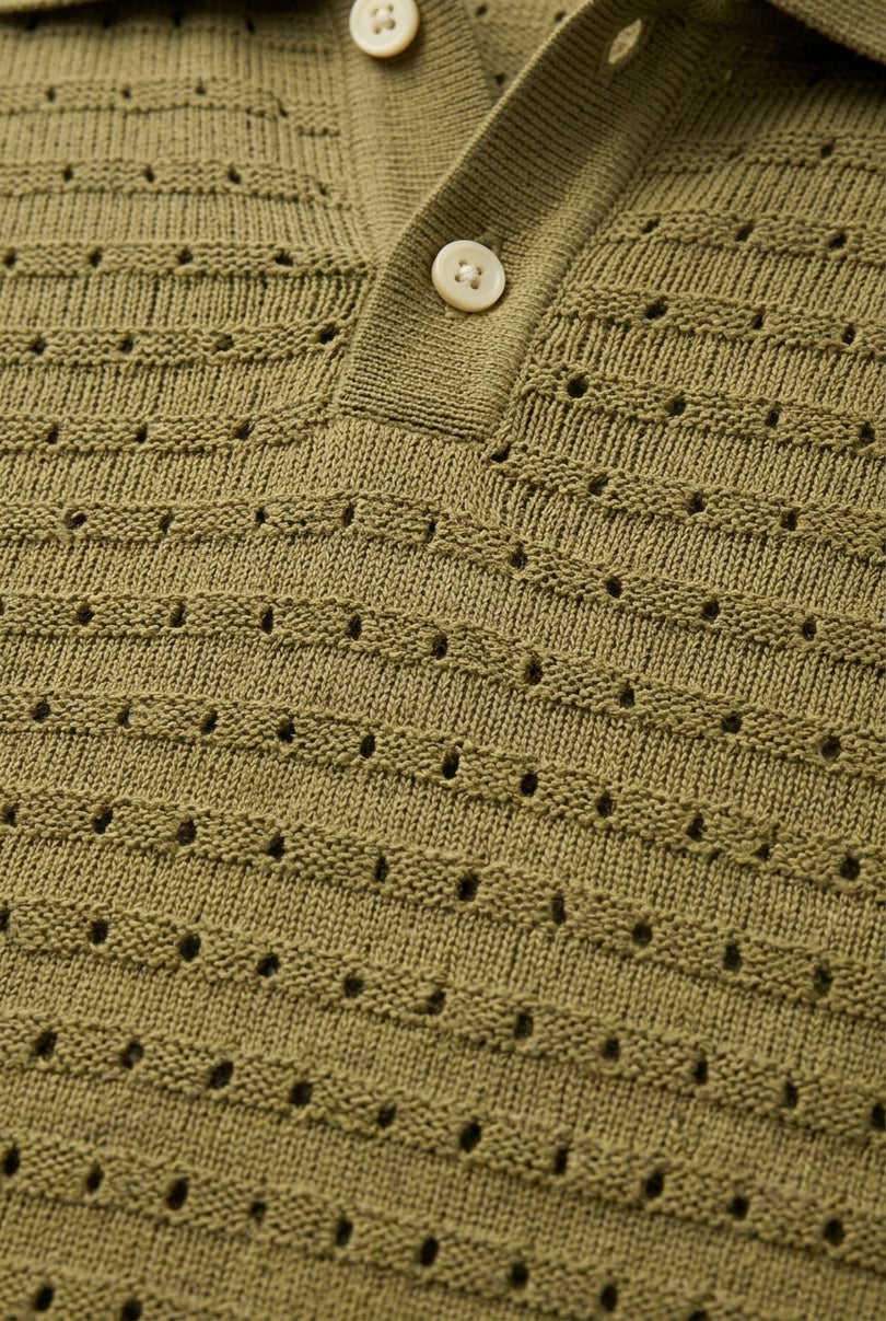 Knit Polo Shirt - Olive Green - Detail