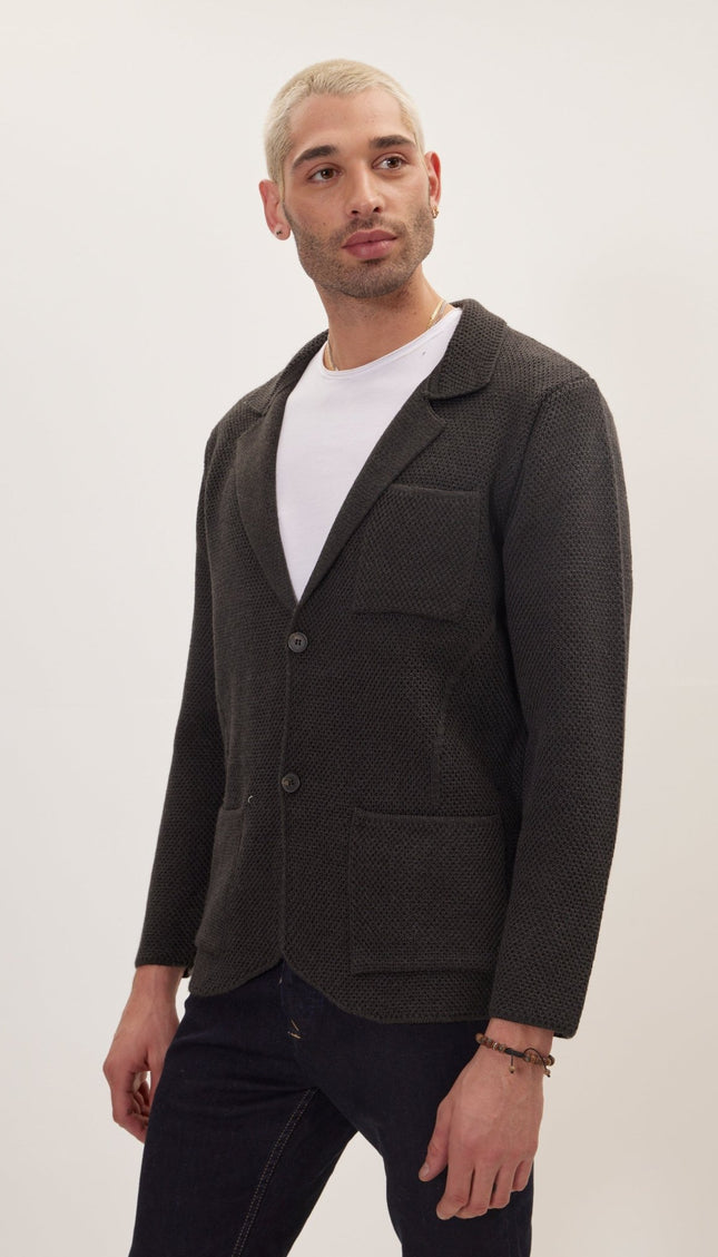 Knitted Notch Laper Fitted Blazer - Anthracite - Ron Tomson