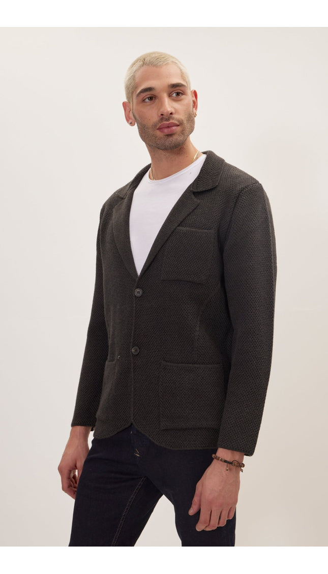 Knitted Notch Laper Fitted Blazer - Anthracite - Ron Tomson