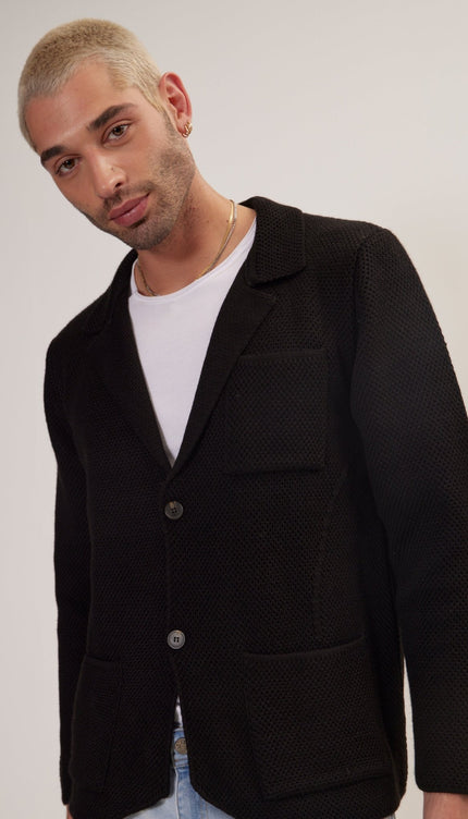 Knitted Notch Laper Fitted Blazer - Black - Ron Tomson