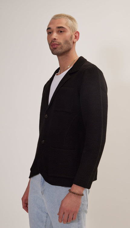 Knitted Notch Laper Fitted Blazer - Black - Ron Tomson