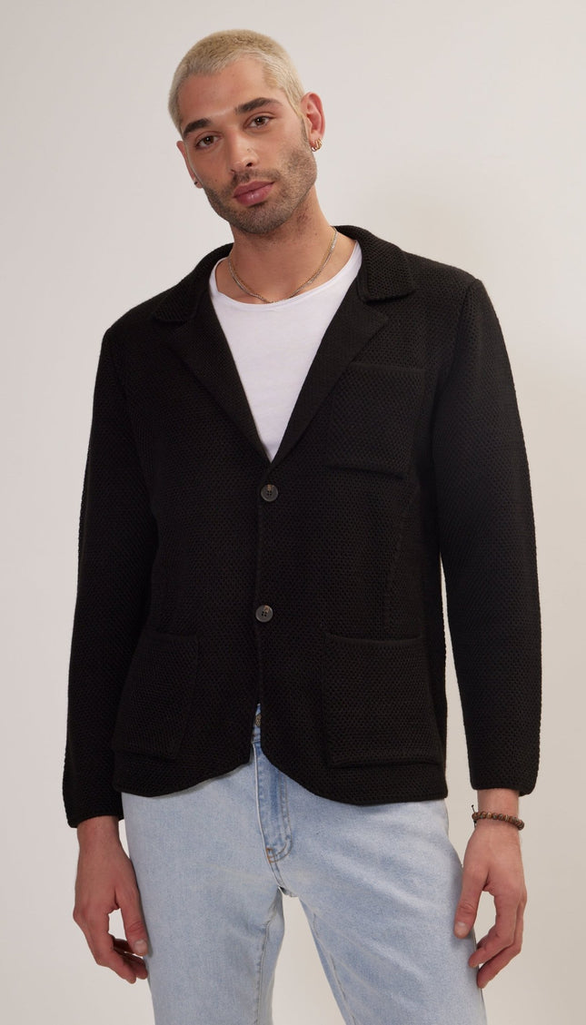 Knitted Notch Laper Fitted Blazer - Black - Ron Tomson
