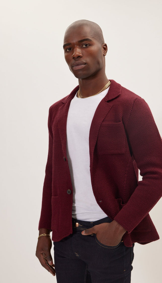 Knitted Notch Laper Fitted Blazer - Burgundy - Ron Tomson