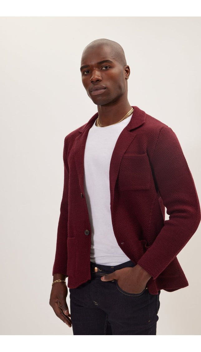 Knitted Notch Laper Fitted Blazer - Burgundy - Ron Tomson
