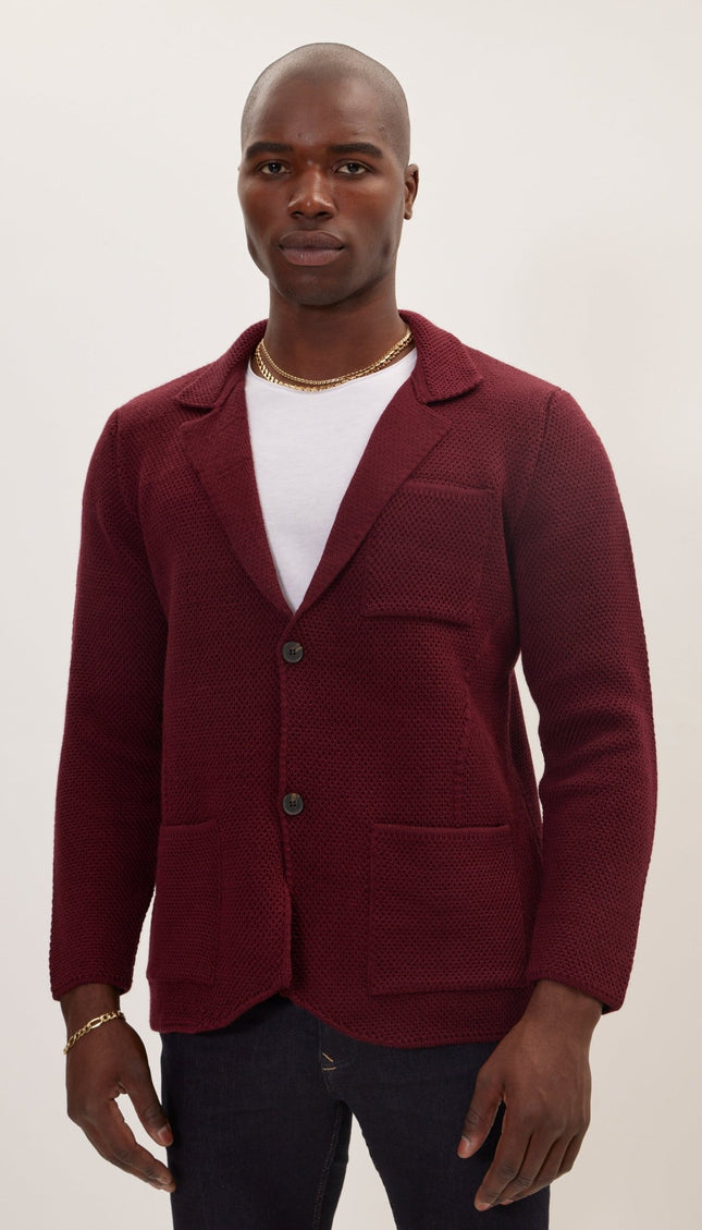 Knitted Notch Laper Fitted Blazer - Burgundy - Ron Tomson