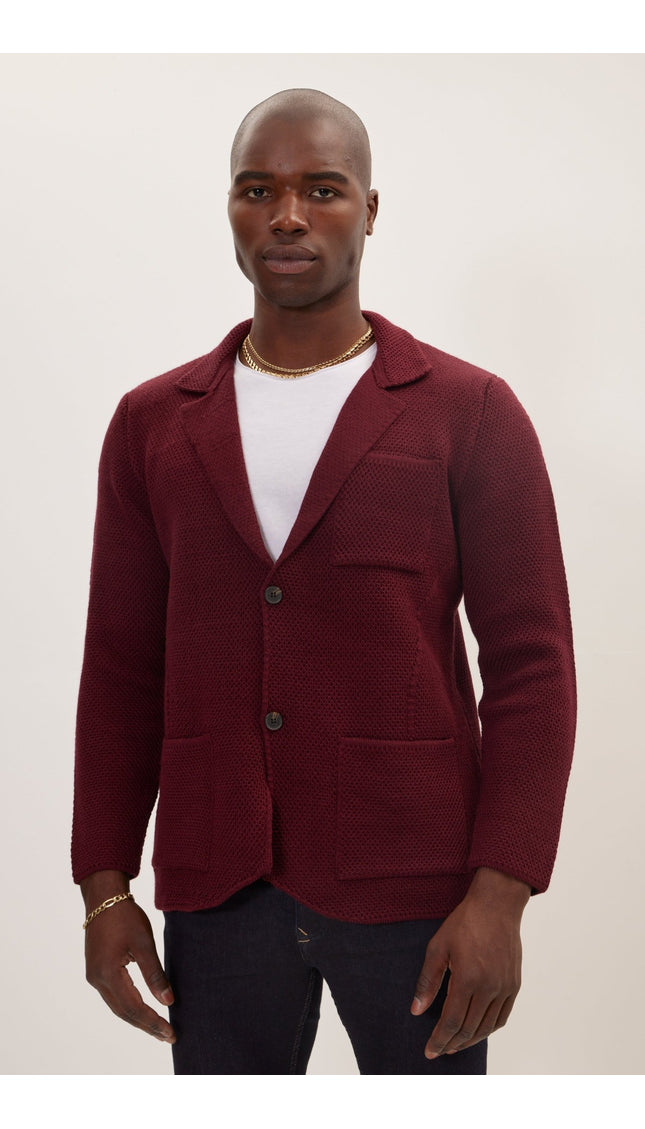Knitted Notch Laper Fitted Blazer - Burgundy - Ron Tomson
