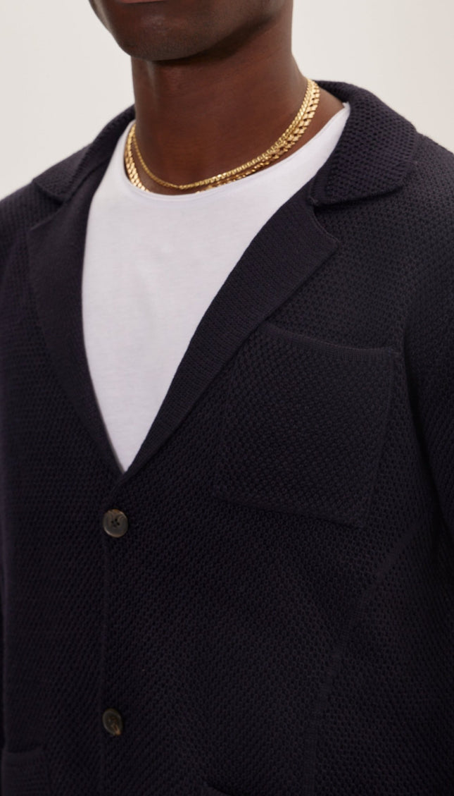 Knitted Notch Laper Fitted Blazer - Navy - Ron Tomson
