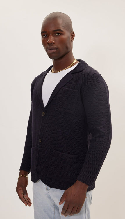 Knitted Notch Laper Fitted Blazer - Navy - Ron Tomson