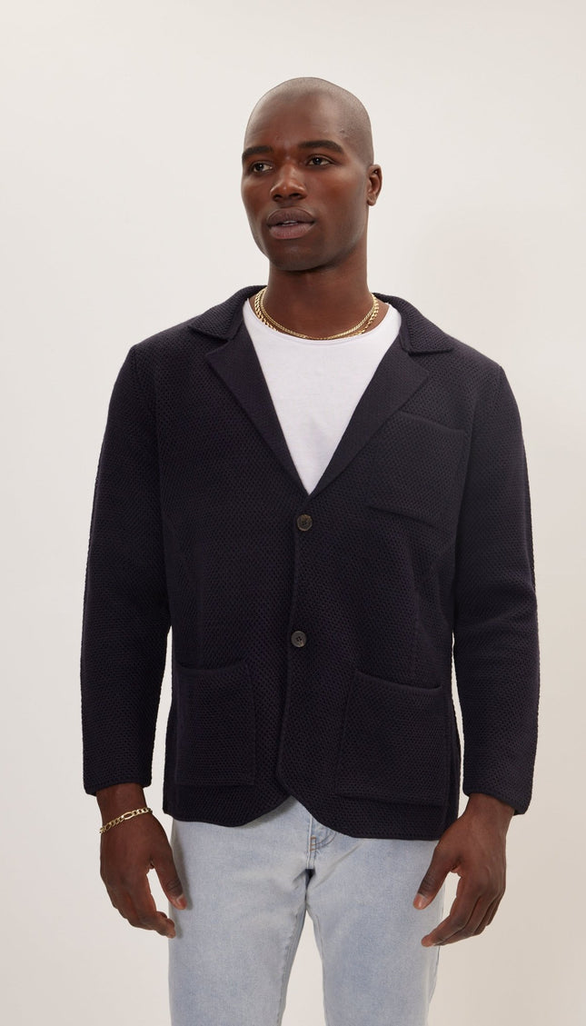 Knitted Notch Laper Fitted Blazer - Navy - Ron Tomson