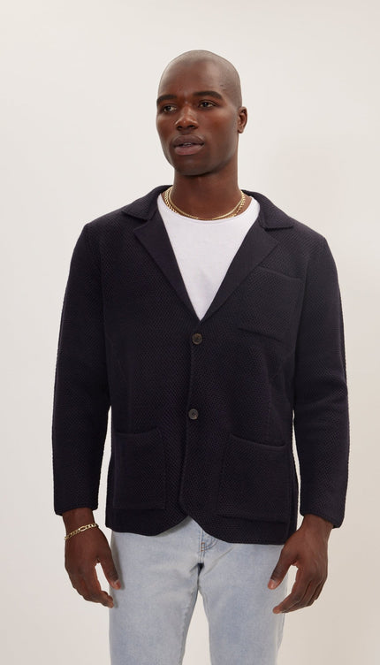 Knitted Notch Laper Fitted Blazer - Navy - Ron Tomson