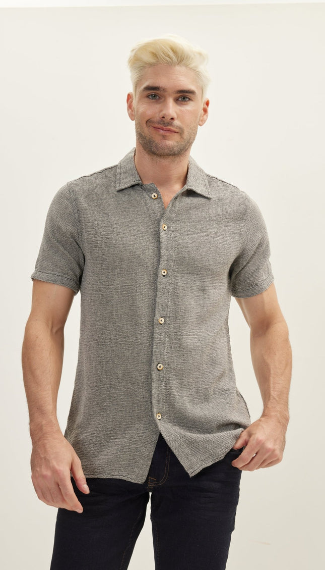 Knitted Polo Buttoned Short Sleeve Shirt - Black - Ron Tomson