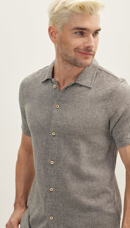 Knitted Polo Buttoned Short Sleeve Shirt - Black - Ron Tomson