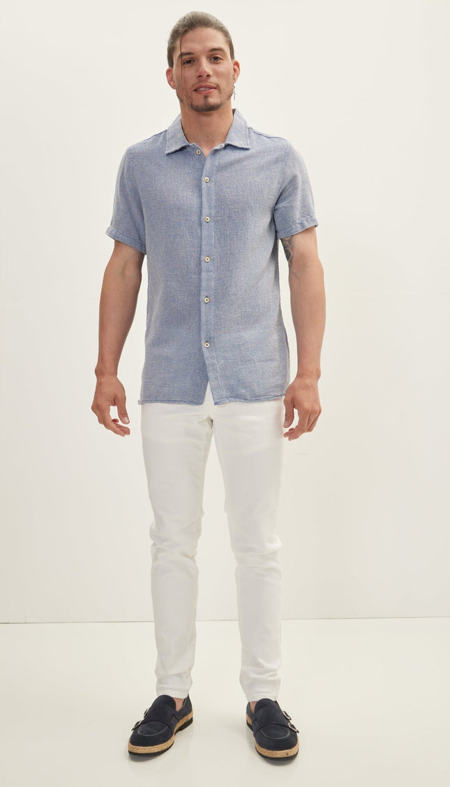Knitted Polo Buttoned Short Sleeve Shirt - Blue - Ron Tomson