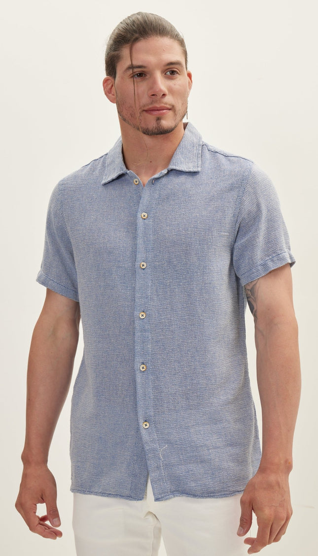 Knitted Polo Buttoned Short Sleeve Shirt - Blue - Ron Tomson