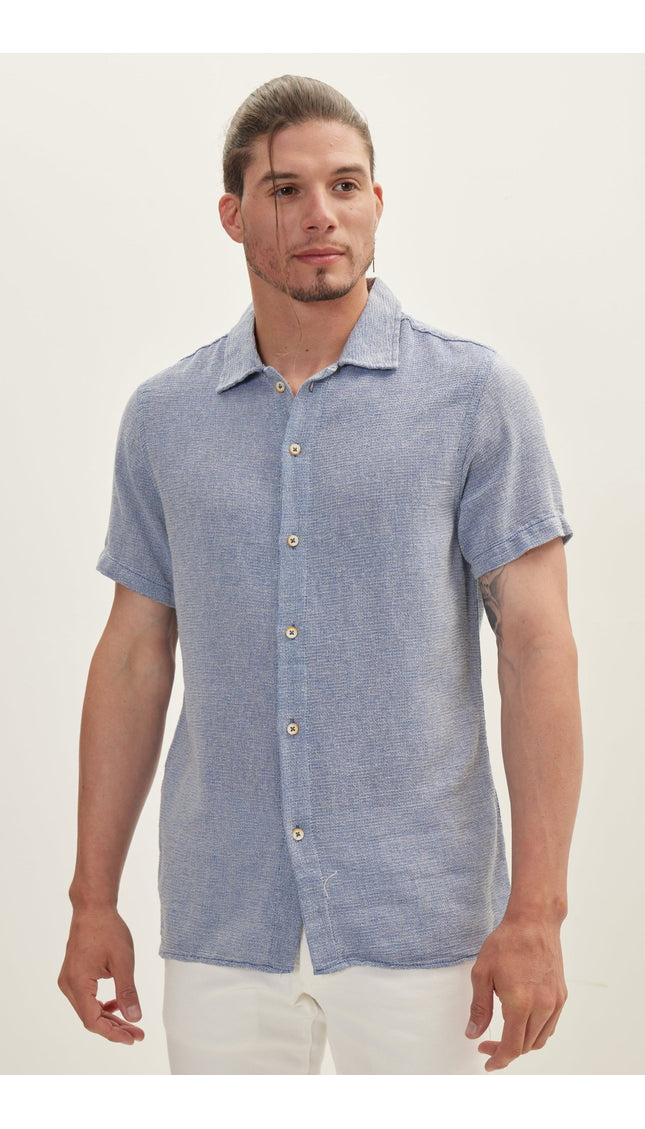 Knitted Polo Buttoned Short Sleeve Shirt - Blue - Ron Tomson