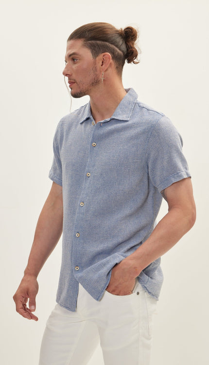 Knitted Polo Buttoned Short Sleeve Shirt - Blue - Ron Tomson