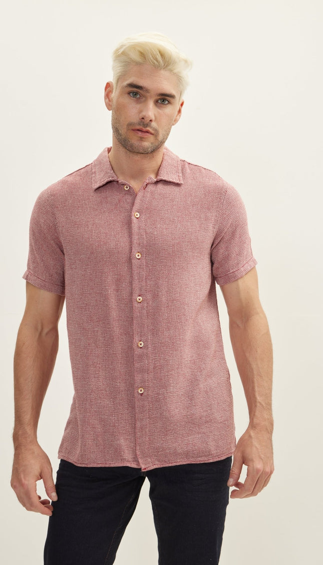 Knitted Polo Buttoned Short Sleeve Shirt - Burgundy - Ron Tomson