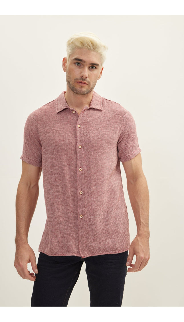 Knitted Polo Buttoned Short Sleeve Shirt - Burgundy - Ron Tomson