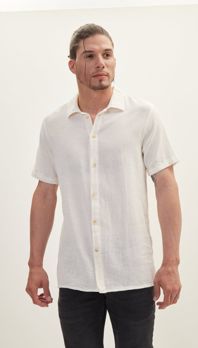 Knitted Polo Buttoned Short Sleeve Shirt - Off White - Ron Tomson