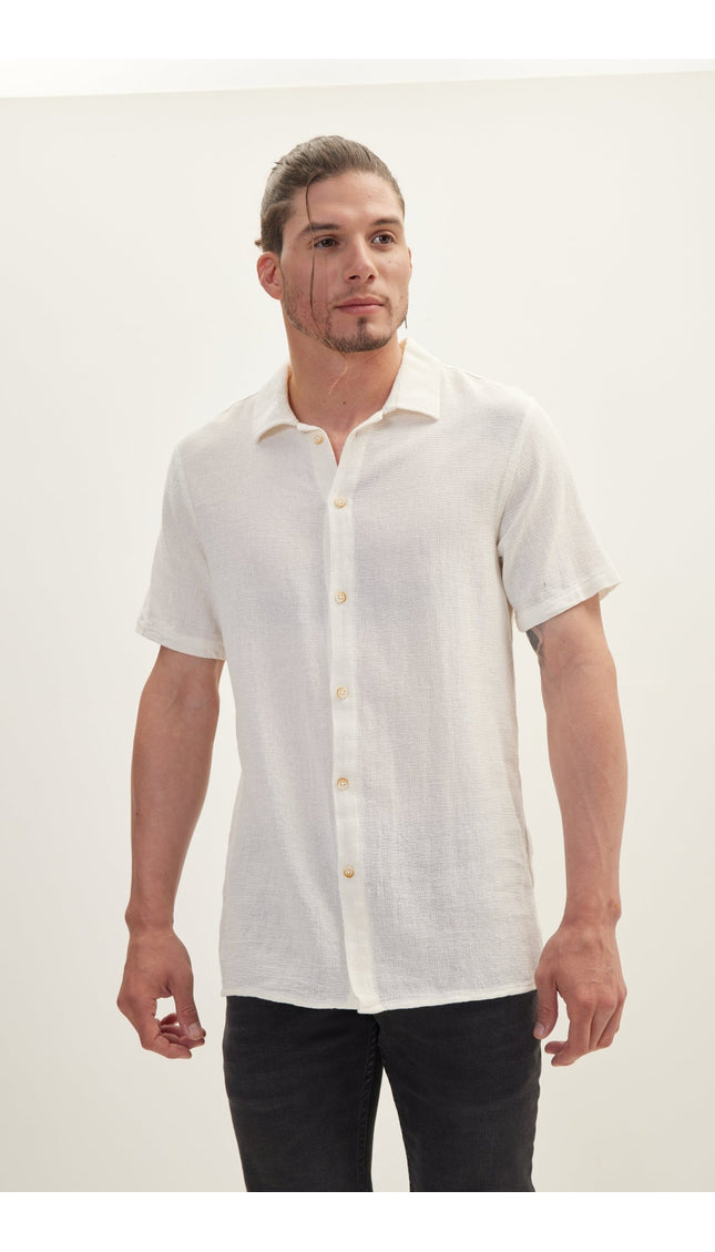 Knitted Polo Buttoned Short Sleeve Shirt - Off White - Ron Tomson
